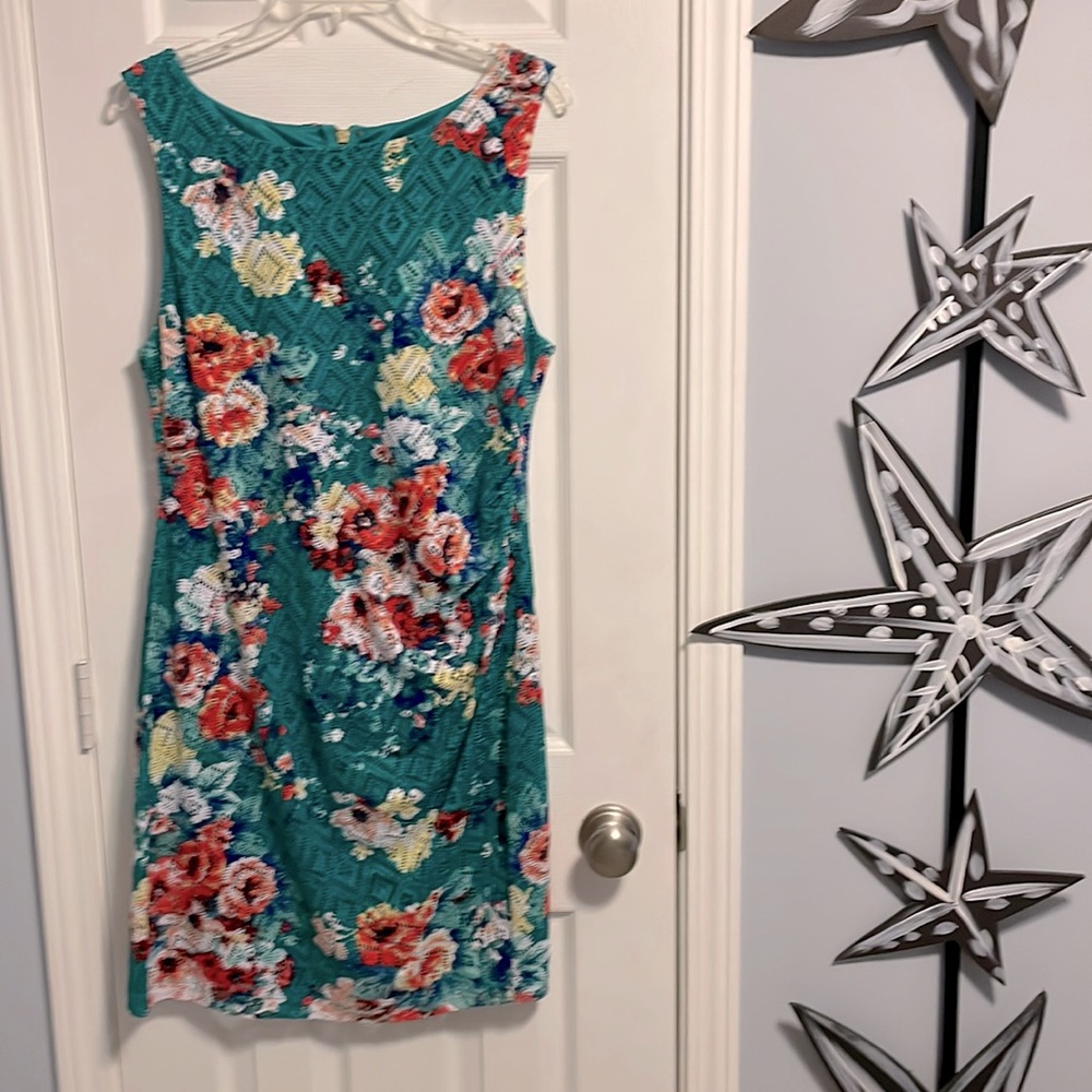 Bright Teal Floral Lace Dress wt Side Ruching Detail